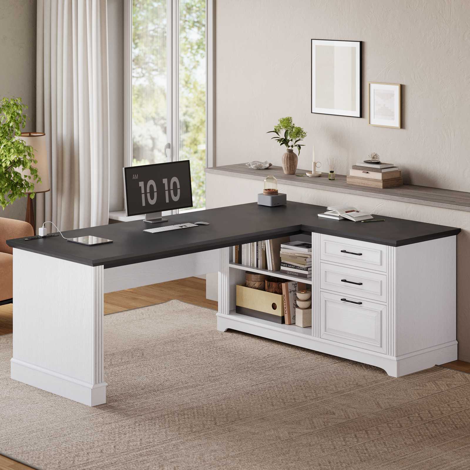 SEDETA 61 Inch Farmhouse Executive L Shaped Desk with File Drawers Pow