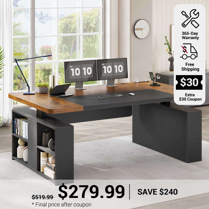 SEDETA 63 Inch Executive Standing Desk with Storage Height Adjustable Desk with Power Outlets Computer Office Desk with Privacy Panel