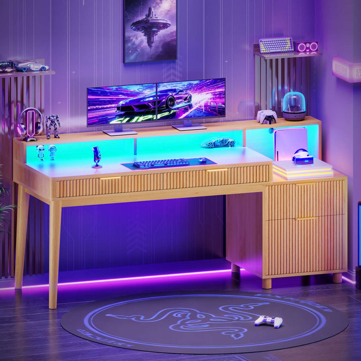 SEDETA® 59 Inch Fluted Wood Gaming Computer Desk with Storage Modern Office Desk with 4 Drawers LED Lights and Power Strip Writing Desk Study Table