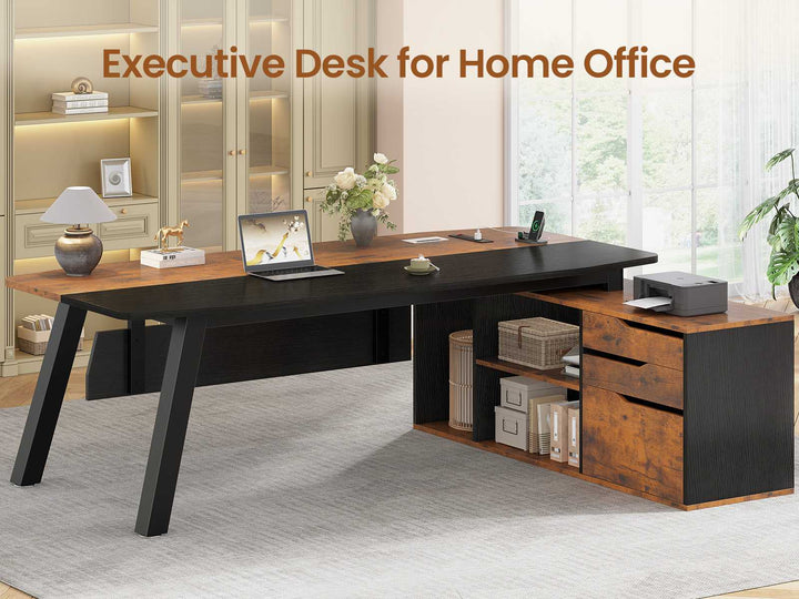 SEDETA 71 Inch Executive Desk with File Cabinet Office Desk with Drawers and Shelves L Shaped Computer Desk with Power Outlets