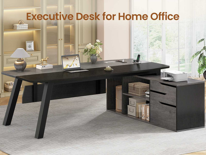 SEDETA 71 Inch Executive Desk with File Cabinet Office Desk with Drawers and Shelves L Shaped Computer Desk with Power Outlets