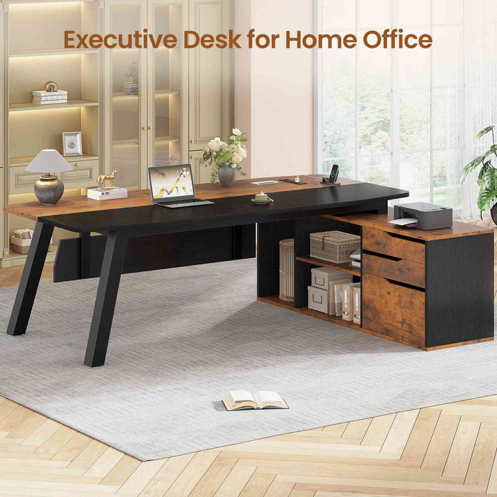 SEDETA 71 Inch Executive Desk with File Cabinet Office Desk with Drawers and Shelves L Shaped Computer Desk with Power Outlets