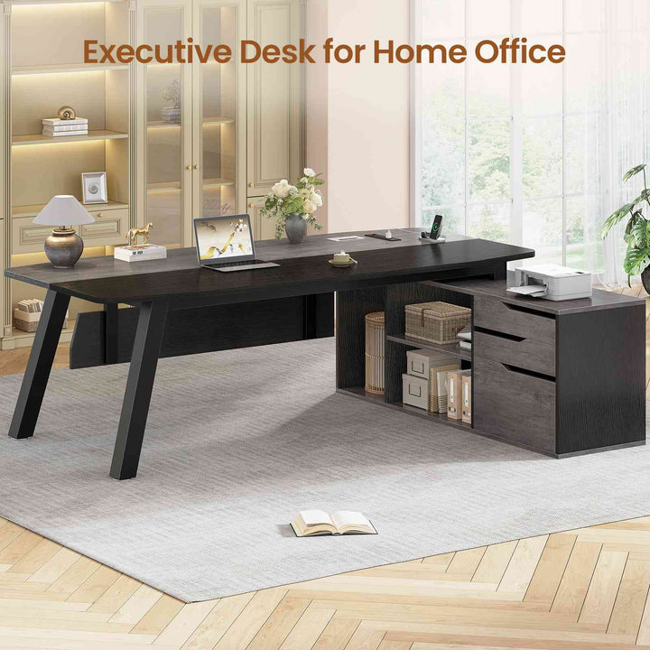 SEDETA 71 Inch Executive Desk with File Cabinet Office Desk with Drawers and Shelves L Shaped Computer Desk with Power Outlets