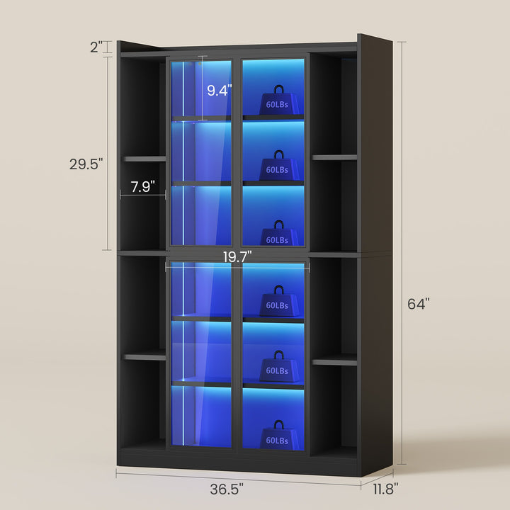 SEDETA 64 Inch Display Cabinet with Glass Doors 6 Tier Tall Bookcase with LED Lights Curio Cabinet with Adjustable Shelves