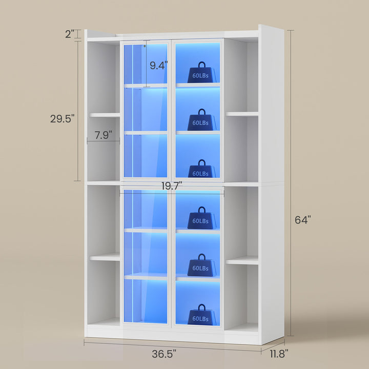 SEDETA 64 Inch Display Cabinet with Glass Doors 6 Tier Tall Bookcase with LED Lights Curio Cabinet with Adjustable Shelves
