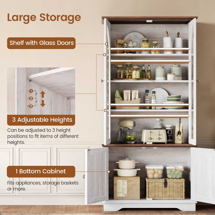 SEDETA 71 Inch Farmhouse Arched Bookcase with Glass Doors Tall Bookshelves with 4-Tier Wooden Pantry Storage Cabinet Adjustable Shelves