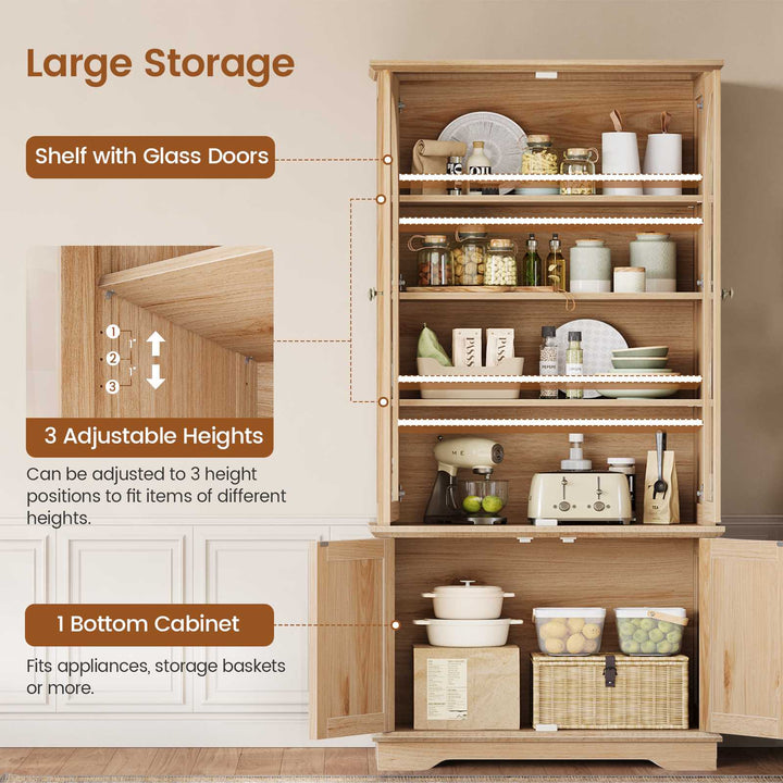 SEDETA 71 Inch Farmhouse Arched Bookcase with Glass Doors Tall Bookshelves with 4-Tier Wooden Pantry Storage Cabinet Adjustable Shelves