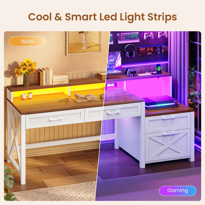 SEDETA 55 Inch Farmhouse Computer Desk with 4 Drawers Power Outlet Gaming Desk with Led Lights Storage Shelves Printer Cabinet