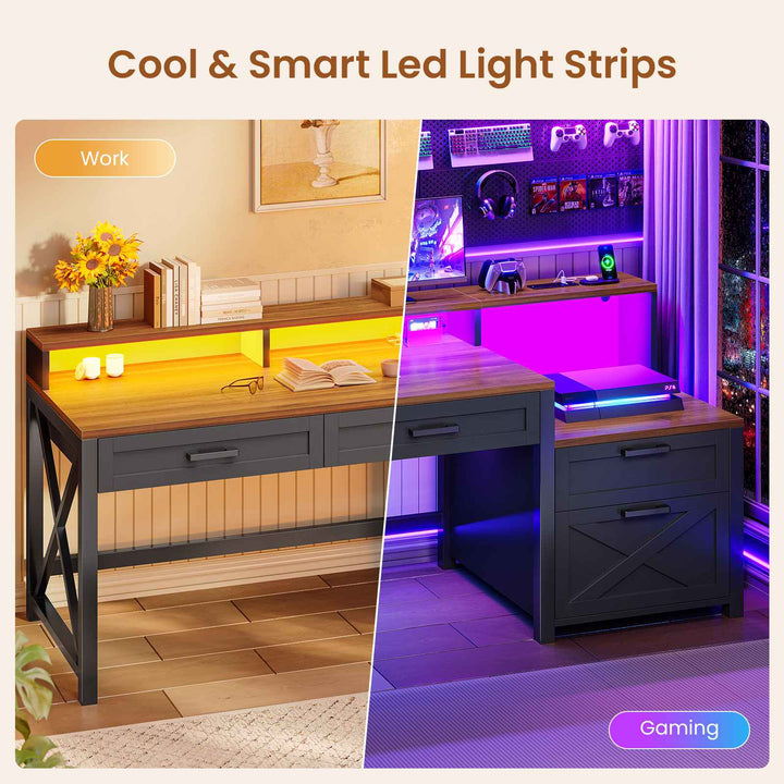SEDETA 55 Inch Farmhouse Computer Desk with 4 Drawers Power Outlet Gaming Desk with Led Lights Storage Shelves Printer Cabinet