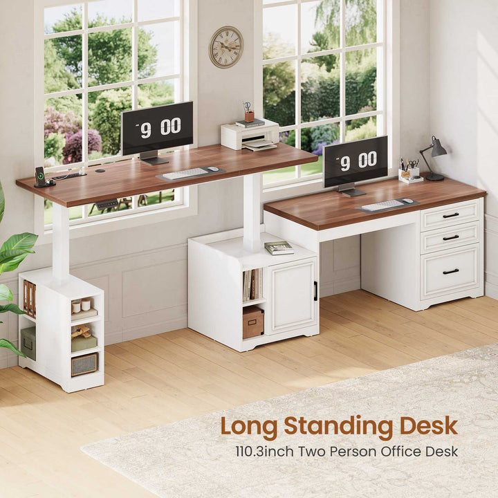 SEDETA 63 Inch L Shaped Electric Standing Desk Height Adjustable Computer Desk Farmhouse with Drawers Shelves and Power Outlet