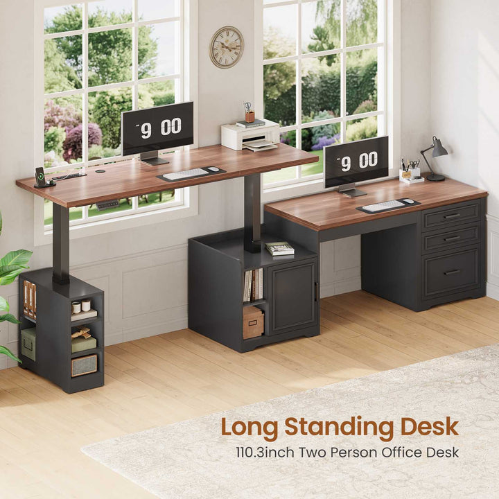 SEDETA 63 Inch L Shaped Electric Standing Desk Height Adjustable Computer Desk Farmhouse with Drawers Shelves and Power Outlet