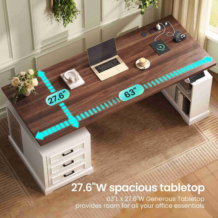 SEDETA 63 Inch Farmhouse Electric Standing Desk with 3 Drawers Storage Shelves Height Adjustable Computer Desk with Power Outlets