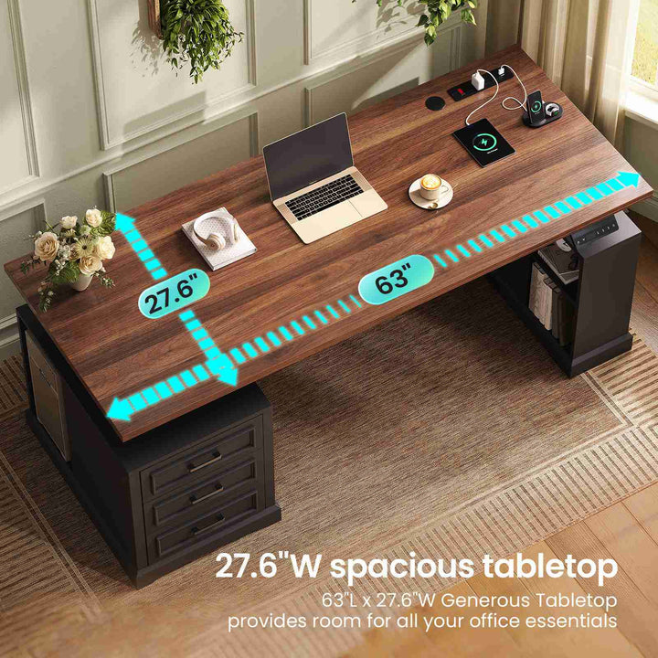 SEDETA 63 Inch Farmhouse Electric Standing Desk with 3 Drawers Storage Shelves Height Adjustable Computer Desk with Power Outlets