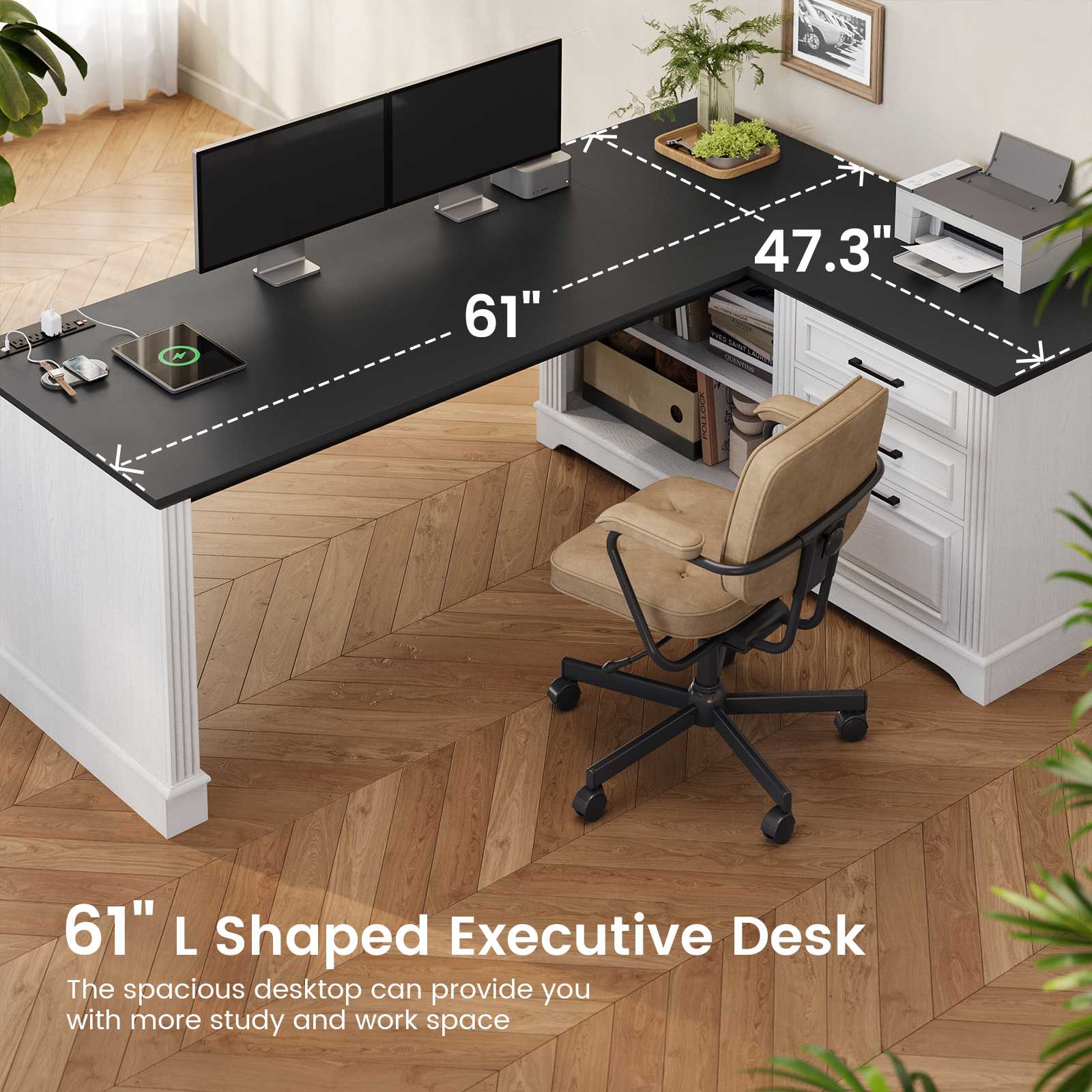SEDETA 61 Inch Farmhouse Executive L Shaped Desk with File Drawers Pow