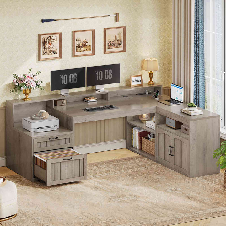SEDETA® 59 Inch Farmhouse L Shaped Wood Computer Desk Corner Home Office Desk with File Drawers Storage Cabinet Monitor Stand Power Outlets