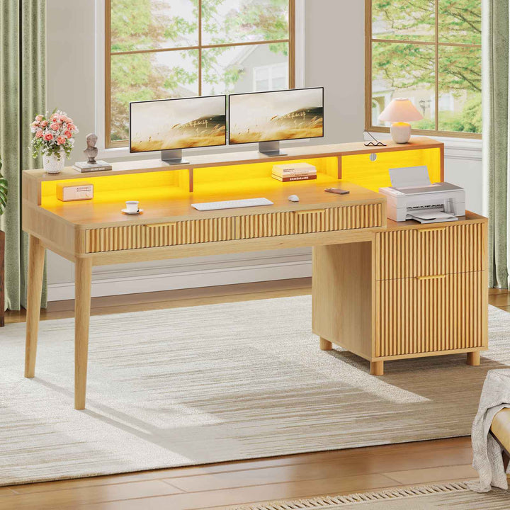 SEDETA® 59 Inch Fluted Wood Gaming Computer Desk with Storage Modern Office Desk with 4 Drawers LED Lights and Power Strip Writing Desk Study Table