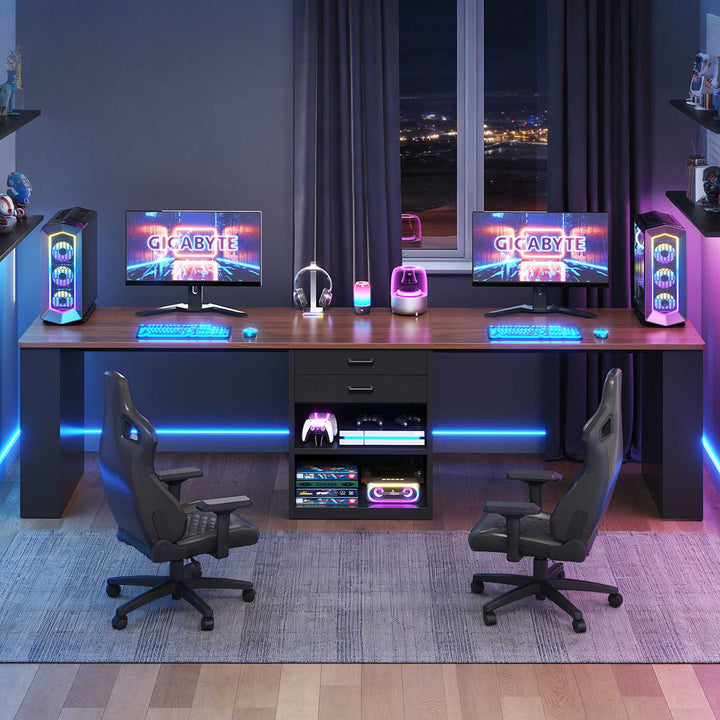 SEDETA® 90.5 Inch Two Person Computer Desk Long Office Desk Writing Desk with Two Drawers Storage Shelves for Home Office