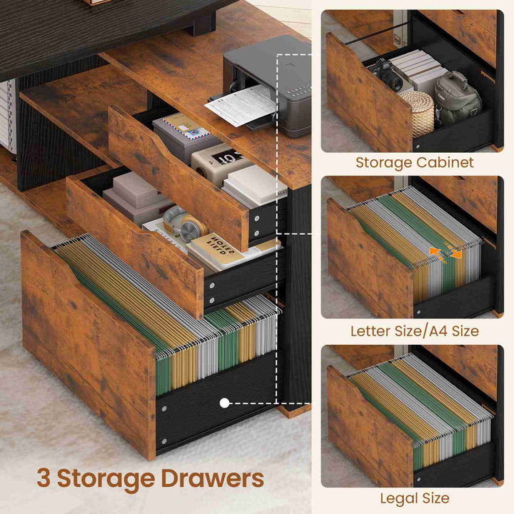 SEDETA 71 Inch Executive Desk with File Cabinet Office Desk with Drawers and Shelves L Shaped Computer Desk with Power Outlets