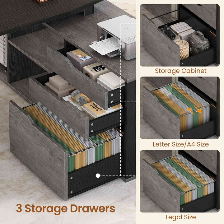 SEDETA 71 Inch Executive Desk with File Cabinet Office Desk with Drawers and Shelves L Shaped Computer Desk with Power Outlets