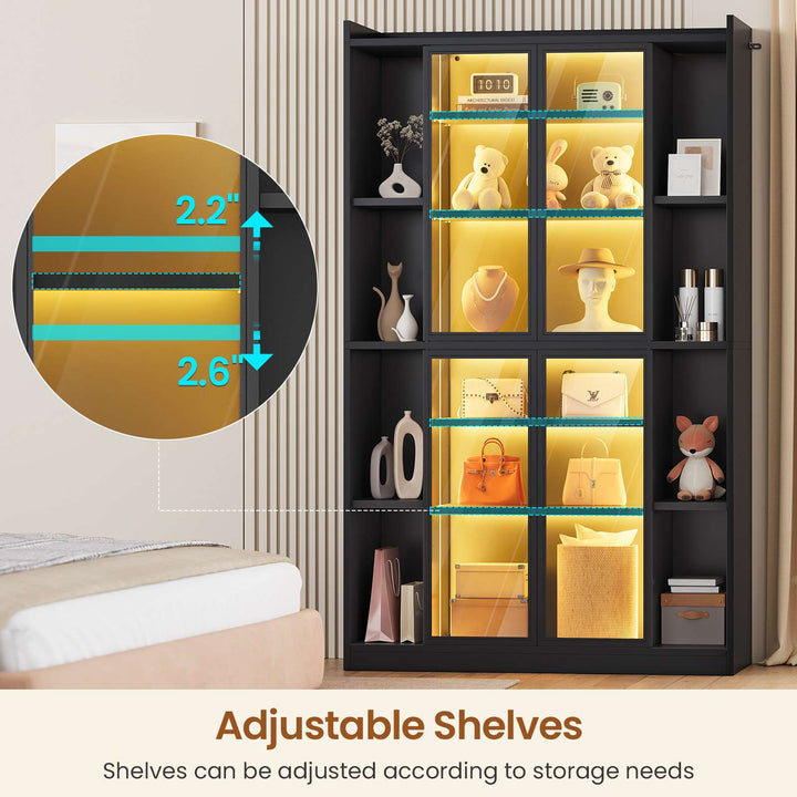 SEDETA 64 Inch Display Cabinet with Glass Doors 6 Tier Tall Bookcase with LED Lights Curio Cabinet with Adjustable Shelves