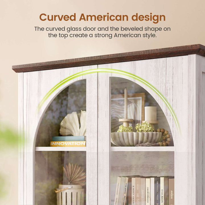 SEDETA 71 Inch Farmhouse Arched Bookcase with Glass Doors Tall Bookshelves with 4-Tier Wooden Pantry Storage Cabinet Adjustable Shelves
