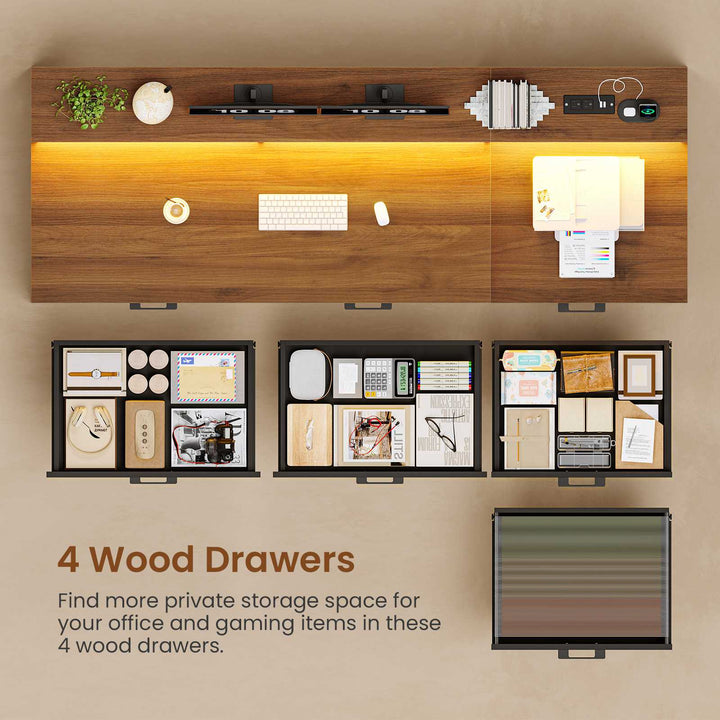 SEDETA 55 Inch Farmhouse Computer Desk with 4 Drawers Power Outlet Gaming Desk with Led Lights Storage Shelves Printer Cabinet