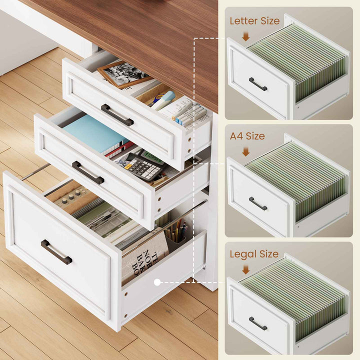 SEDETA 63 Inch L Shaped Electric Standing Desk Height Adjustable Computer Desk Farmhouse with Drawers Shelves and Power Outlet