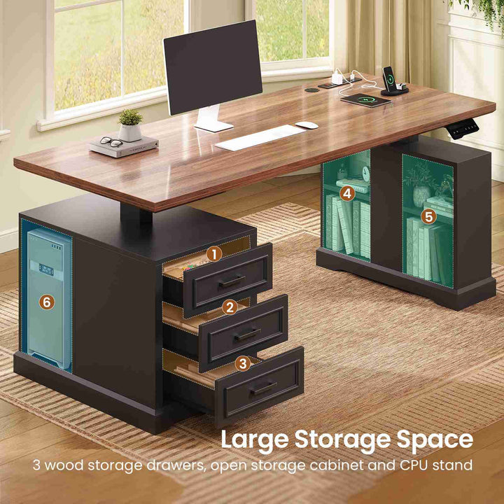 SEDETA 63 Inch Farmhouse Electric Standing Desk with 3 Drawers Storage Shelves Height Adjustable Computer Desk with Power Outlets