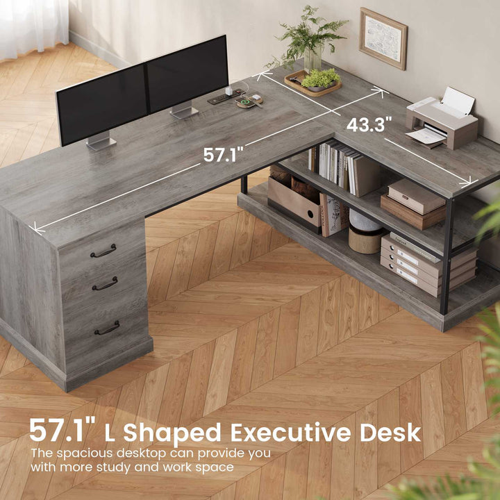 SEDETA® 57.9 Inch Farmhouse L Shaped Computer Desk with Storage Shelves and File Drawers for Home Office