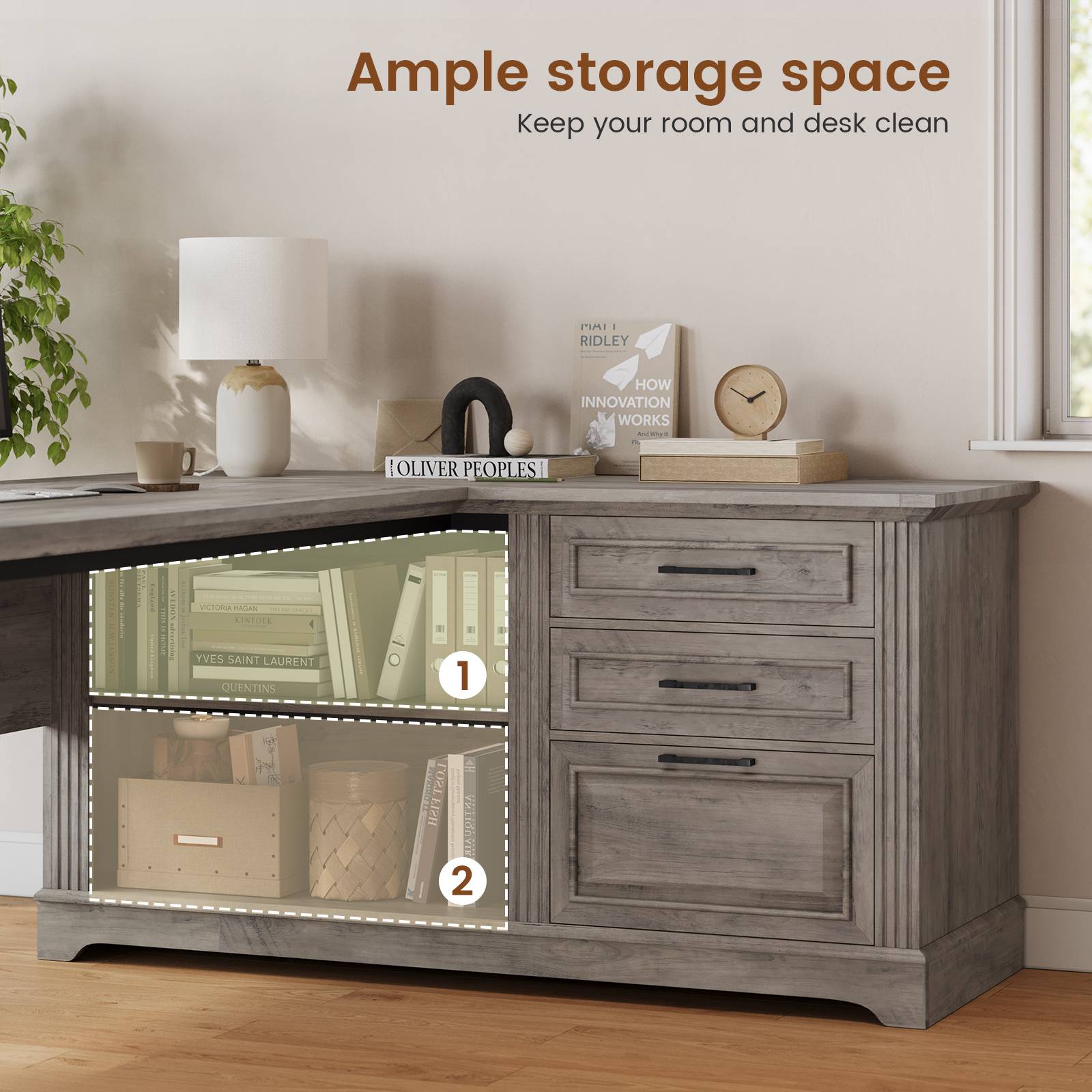 SEDETA 61 Inch Farmhouse Executive L Shaped Desk with File Drawers Pow