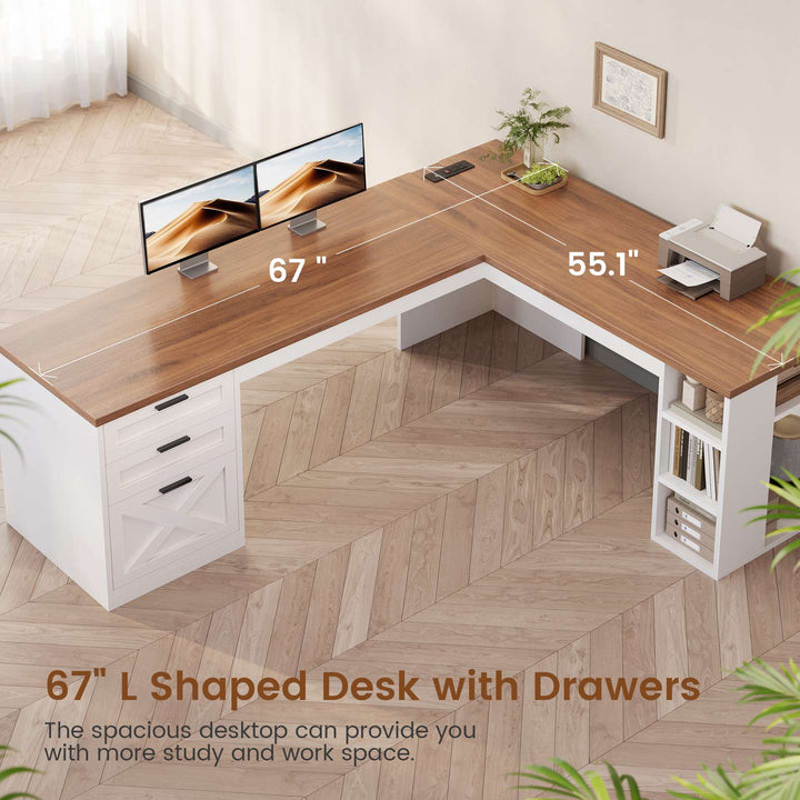 SEDETA 67 Inch Farmhouse L Shaped Executive Computer Desk with 3 Drawers Storage Shelves Power Outlets