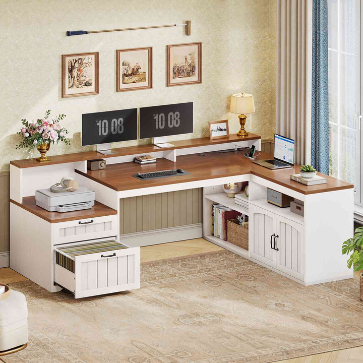 SEDETA® 59 Inch Farmhouse L Shaped Wood Computer Desk Corner Home Office Desk with File Drawers Storage Cabinet Monitor Stand Power Outlets