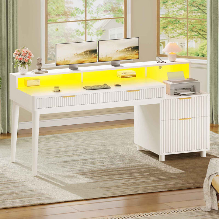 SEDETA® 59 Inch Fluted Wood Gaming Computer Desk with Storage Modern Office Desk with 4 Drawers LED Lights and Power Strip Writing Desk Study Table