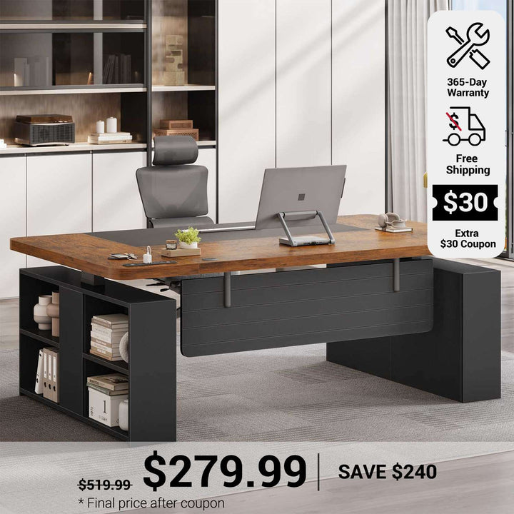 SEDETA 63 Inch Executive Standing Desk with Storage Height Adjustable Desk with Power Outlets Computer Office Desk with Privacy Panel