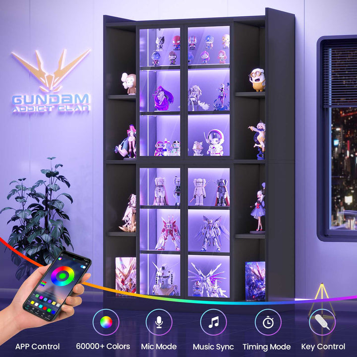 SEDETA 64 Inch Display Cabinet with Glass Doors 6 Tier Tall Bookcase with LED Lights Curio Cabinet with Adjustable Shelves