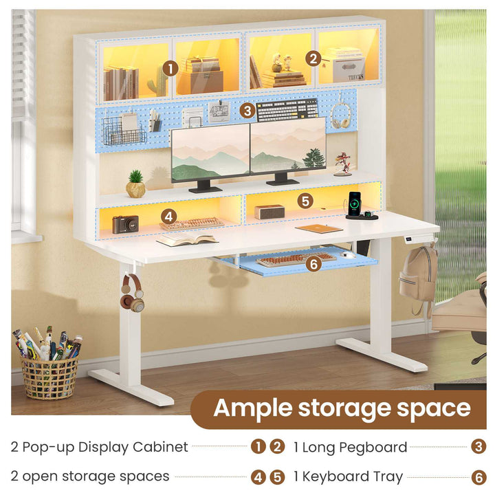 SEDETA 55 Inch Standing Desk Electric Height Adjustable Sit Stand Up Gaming Desk with Led Lights Power Outlet Storage Hutch and Pegboard