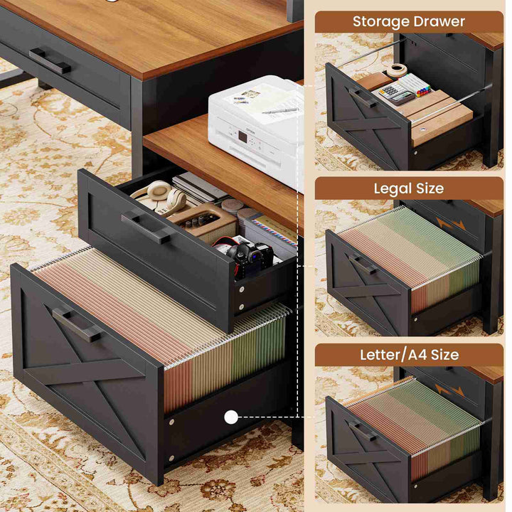 SEDETA 55 Inch Farmhouse Computer Desk with 4 Drawers Power Outlet Gaming Desk with Led Lights Storage Shelves Printer Cabinet