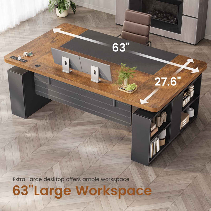 SEDETA 63 Inch Executive Standing Desk with Storage Height Adjustable Desk with Power Outlets Computer Office Desk with Privacy Panel