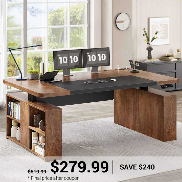 SEDETA 63 Inch Executive Standing Desk with Storage Height Adjustable Desk with Power Outlets Computer Office Desk with Privacy Panel