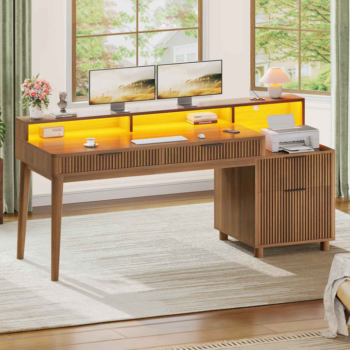 SEDETA® 59 Inch Fluted Wood Gaming Computer Desk with Storage Modern Office Desk with 4 Drawers LED Lights and Power Strip Writing Desk Study Table