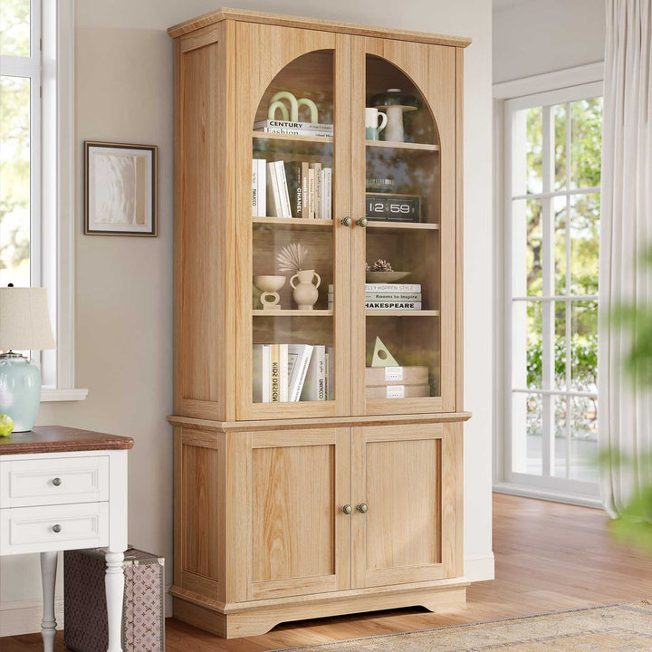 SEDETA 71 Inch Farmhouse Arched Bookcase with Glass Doors Tall Bookshelves with 4-Tier Wooden Pantry Storage Cabinet Adjustable Shelves
