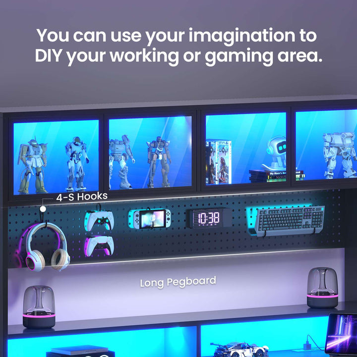 SEDETA 55 Inch Standing Desk Electric Height Adjustable Sit Stand Up Gaming Desk with Led Lights Power Outlet Storage Hutch and Pegboard