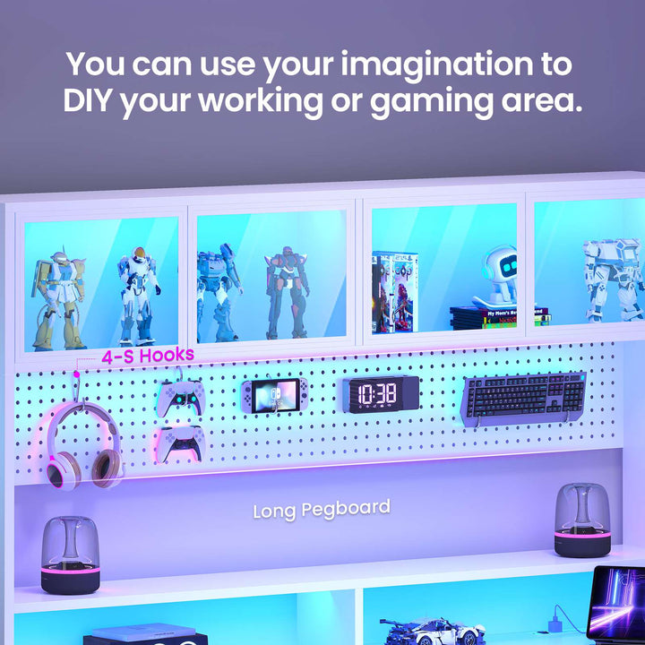 SEDETA 55 Inch Standing Desk Electric Height Adjustable Sit Stand Up Gaming Desk with Led Lights Power Outlet Storage Hutch and Pegboard