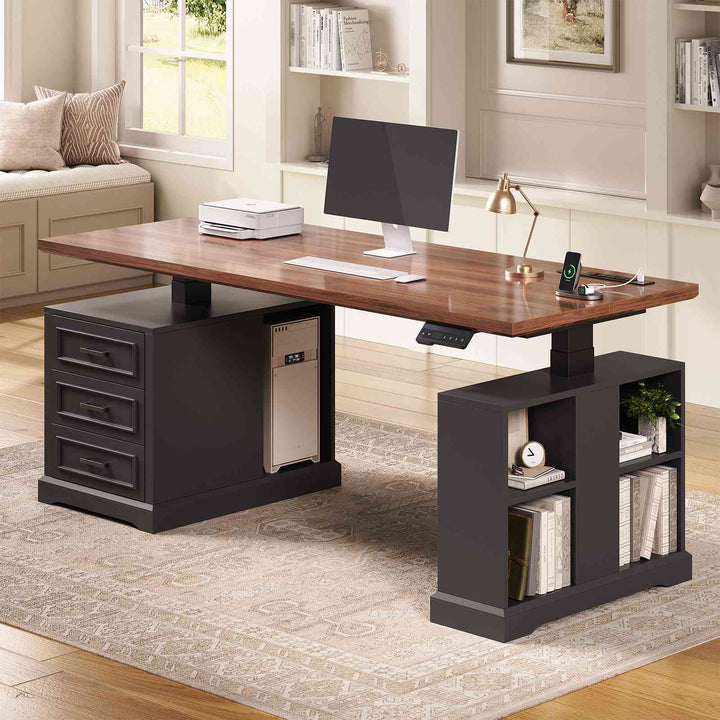 SEDETA 63 Inch Farmhouse Electric Standing Desk with 3 Drawers Storage Shelves Height Adjustable Computer Desk with Power Outlets