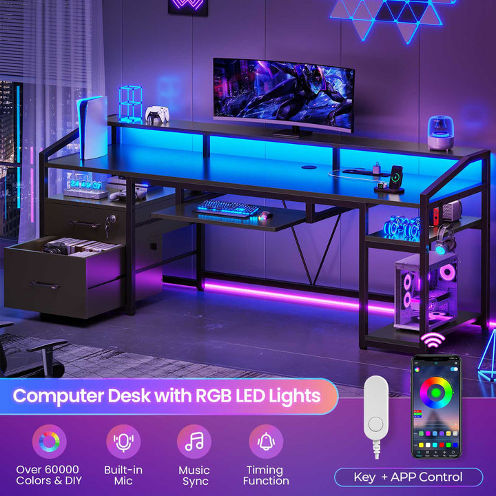 SEDETA® 63 Inch Ergonomic LED Gaming Desk Home Office Computer Table with Lock Drawers