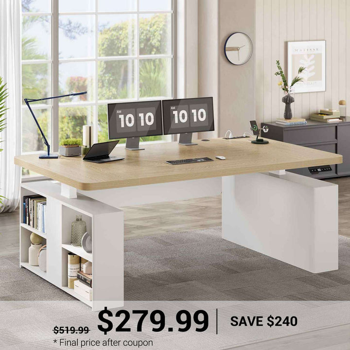 SEDETA 63 Inch Executive Standing Desk with Storage Height Adjustable Desk with Power Outlets Computer Office Desk with Privacy Panel