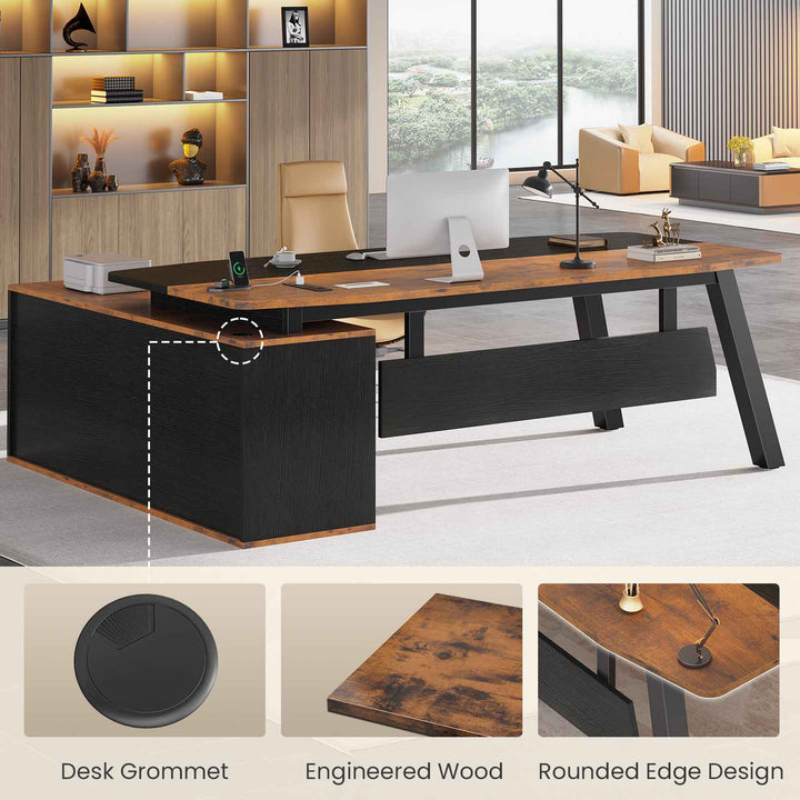 SEDETA 71 Inch Executive Desk with File Cabinet Office Desk with Drawers and Shelves L Shaped Computer Desk with Power Outlets