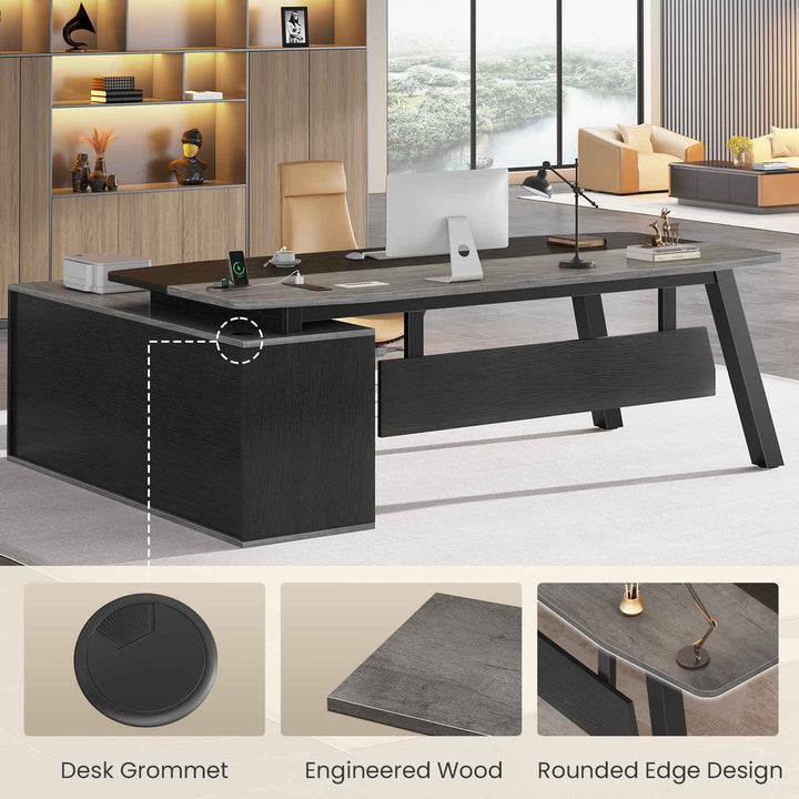 SEDETA 71 Inch Executive Desk with File Cabinet Office Desk with Drawers and Shelves L Shaped Computer Desk with Power Outlets