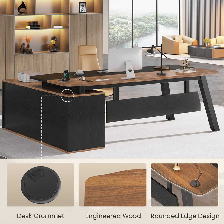 SEDETA 71 Inch Executive Desk with File Cabinet Office Desk with Drawers and Shelves L Shaped Computer Desk with Power Outlets