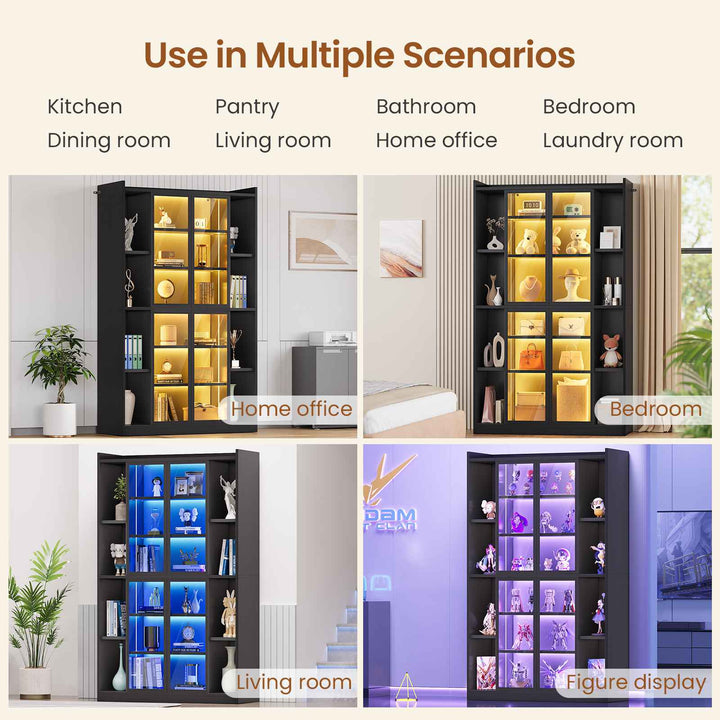 SEDETA 64 Inch Display Cabinet with Glass Doors 6 Tier Tall Bookcase with LED Lights Curio Cabinet with Adjustable Shelves